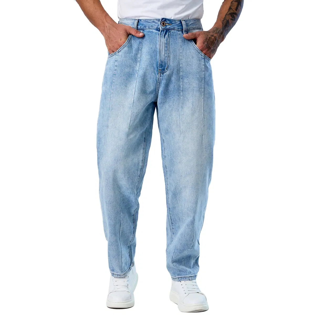 Calças baggy plissadas azul brilhante personalizadas para homens, jeans reto por atacado