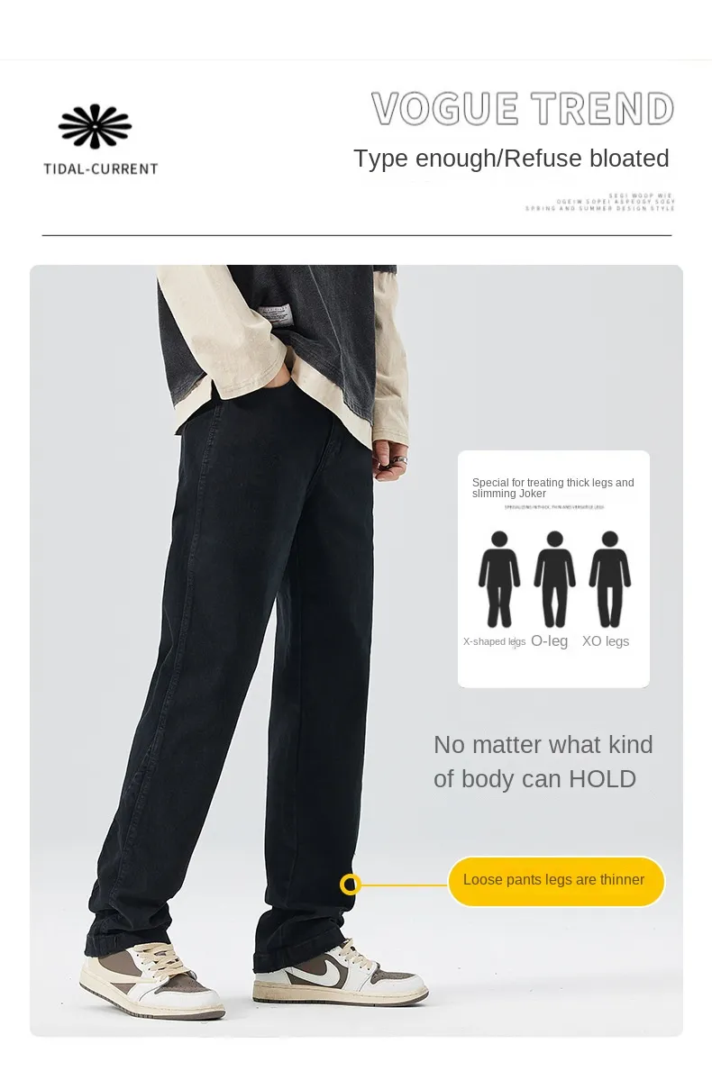 Calças Casuais Masculinas Jeans Pretos Stretch de Cintura Alta, Soltas e Afinadas