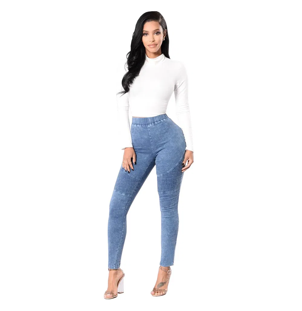Calças Jeans Femininas de Cintura Alta no Atacado, Jeans Justos com Calças Plissadas