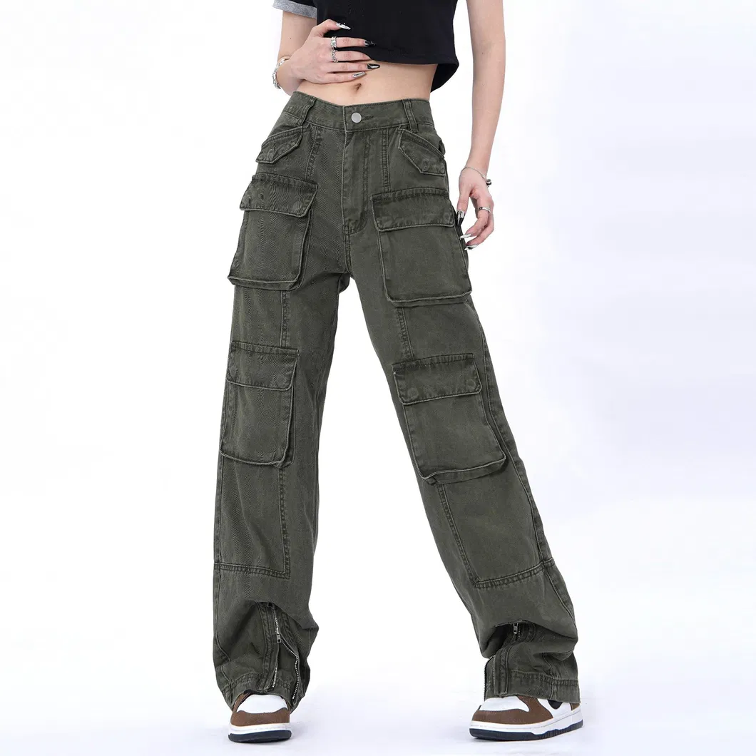 Calças jeans desgastadas, desfiadas e largas para mulheres, com múltiplos bolsos, estilo reto e solto, tendência hip-hop, respirável