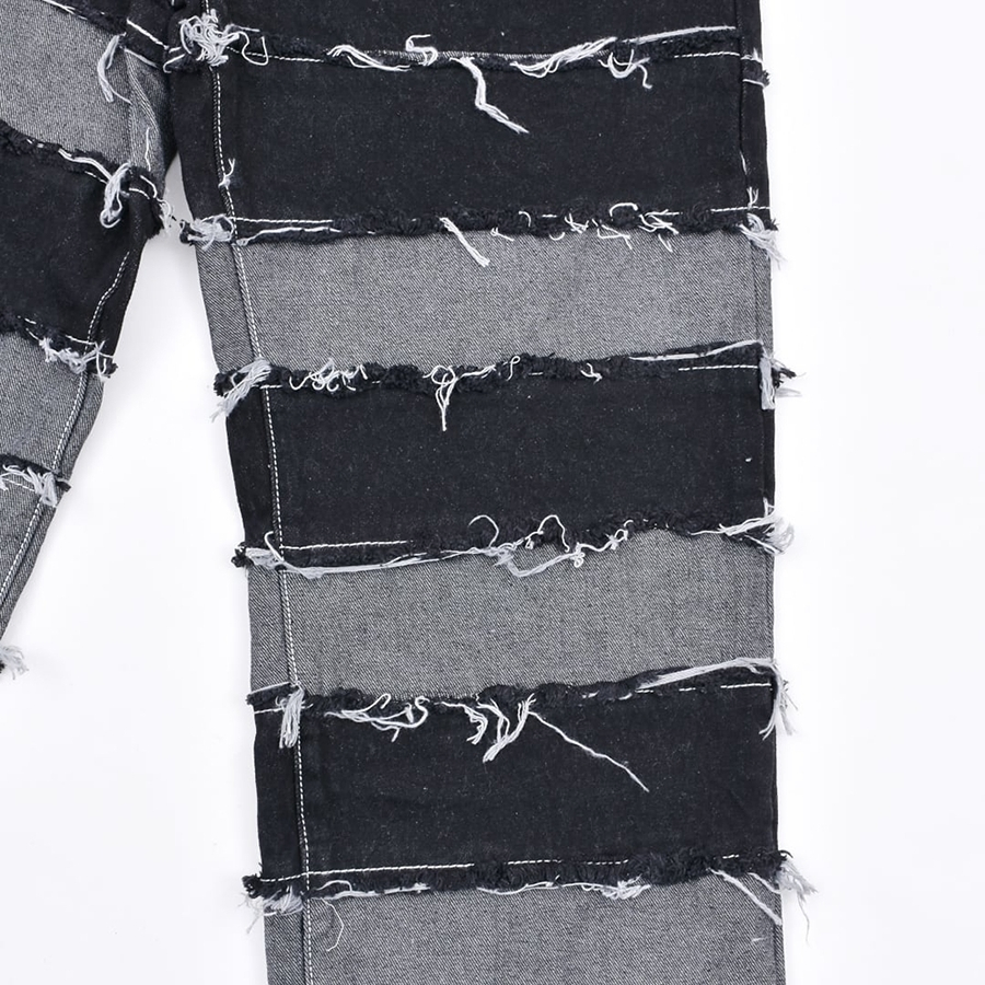 Calças jeans skinny de denim preto em patchwork listrado com acetato para homens