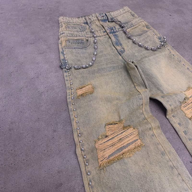 Calças Jeans Masculinas Baggy de Cintura Alta Lavagem Ácida Vintage de Perna Larga Desgastadas em Denim