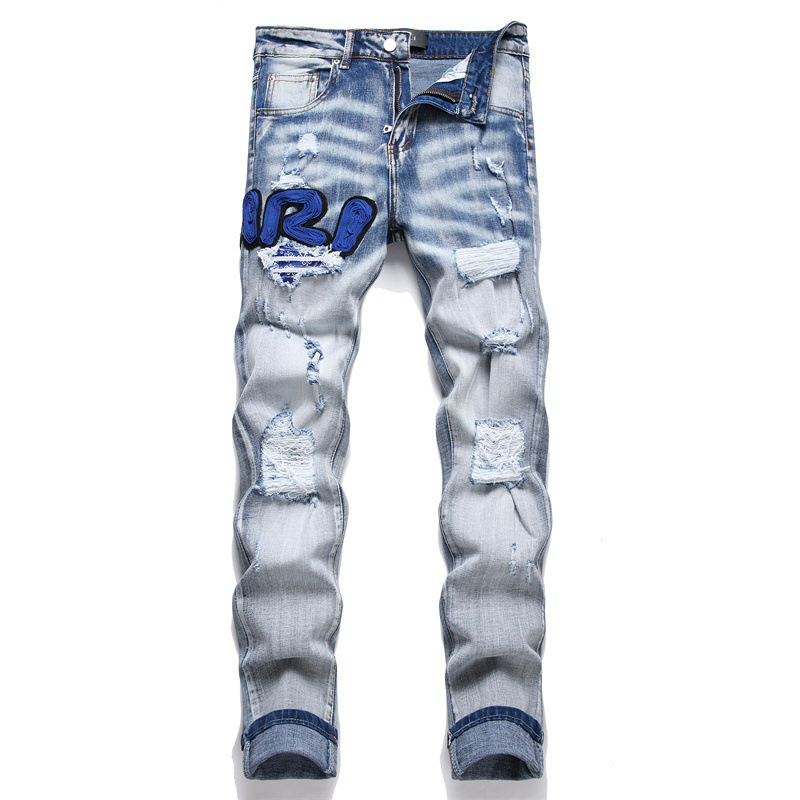 Calças masculinas jeans azul claro, tendência de pornografia, elástico, slim, moda, calças masculinas Amir