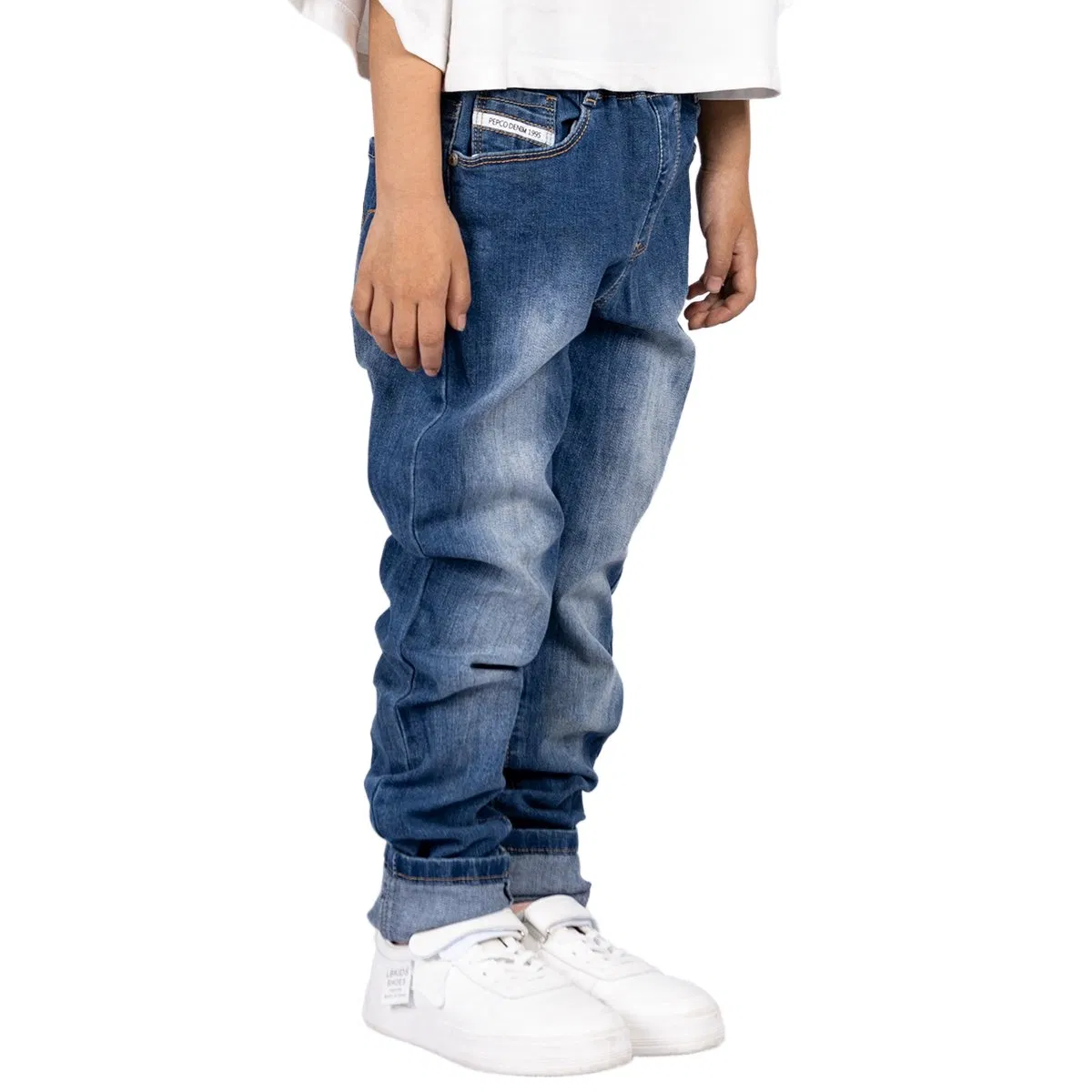 Calças de Denim Azul para Crianças Estilo Simples Lavagem Suave Personalizada