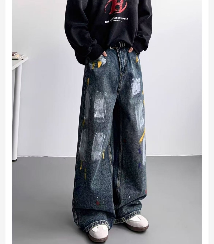 Calças Jeans de Moda por Atacado, Jeans Reto Desenhados à Mão para Homens, Calças Jeans Baggy Azuis de Cintura Média