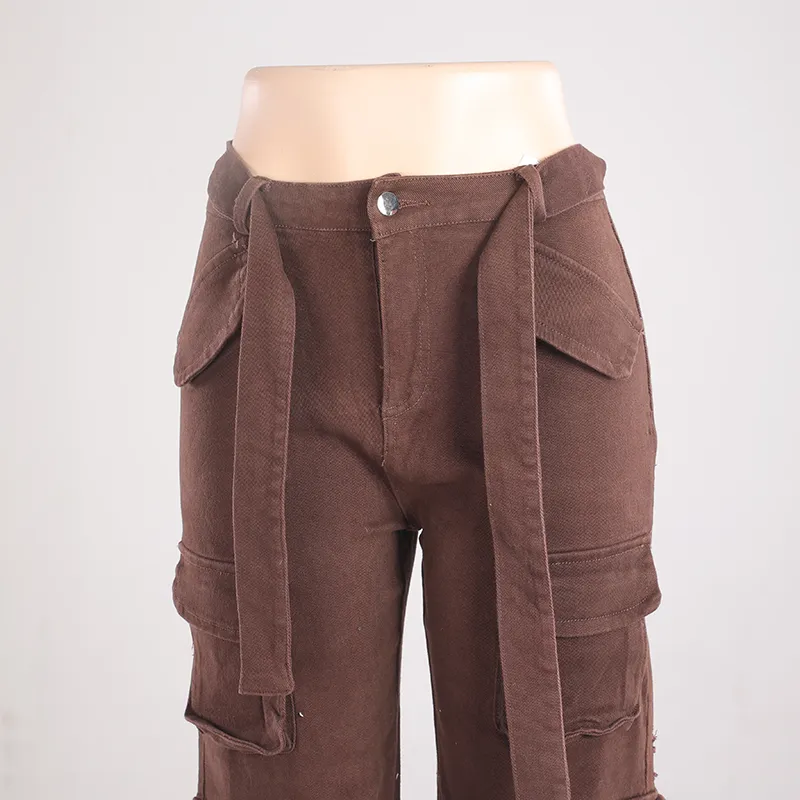 Calças de brim vintage femininas marrons de cintura alta, com pernas largas e múltiplos bolsos, calças cargo respiráveis, estilo de rua