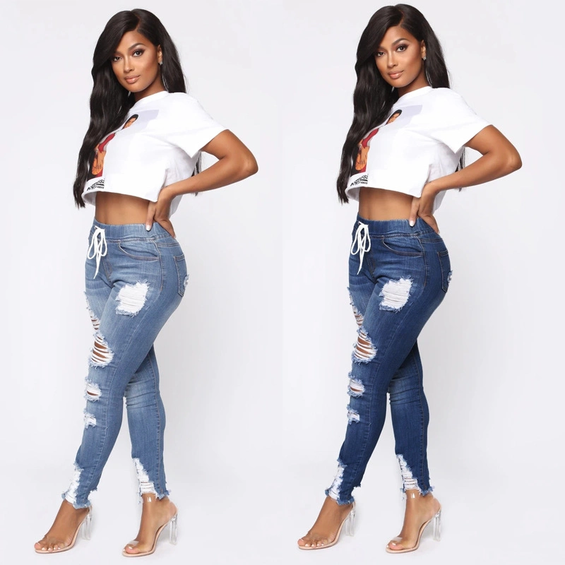 Calças de Moda Azuis Rasgadas Com Buracos Stretch para Mulheres Jeans Femininos; S Jeans