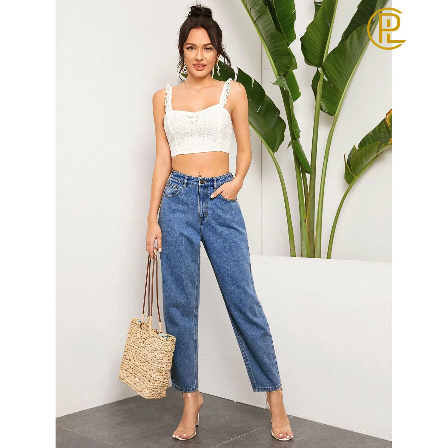 Vendas de Fábrica Jeans de Denim Feminino Simples de Alta Qualidade