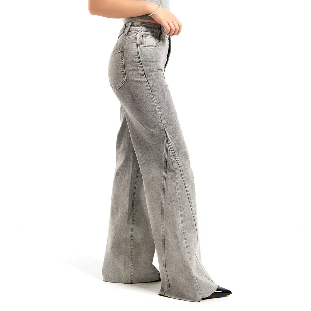 Calças de Jeans Cinza de Cintura Alta para Mulheres, Modelo Wide Leg, Ajuste de Mãe, Tecido Denim