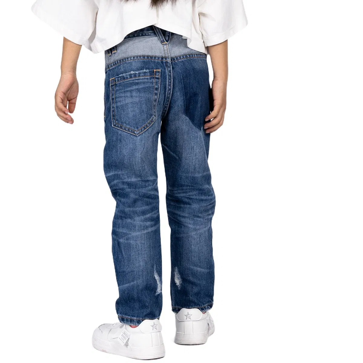 Calças jeans de denim para meninas personalizadas, azul escuro, macias, de algodão, com spray, boa venda