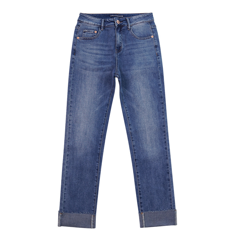 Calças Jeans Femininas Novas de Lã Velha de Cintura Alta Média Azuis Fashion Retas Lavadas