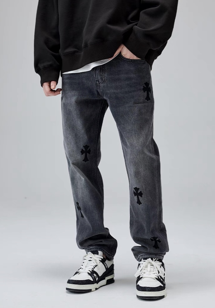Jeans de Denim com Bordado, Lavagem, Corte Reto e Relaxado para Homens