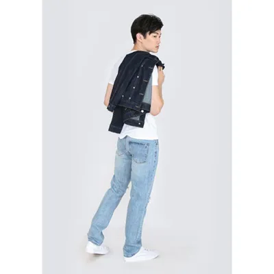 Calças Sustentáveis de Alta Qualidade para Homens, Corte Reto, Denim Preto, Etiqueta Desgastada, Lavagem Estilizada, Jeans de Alta Rua para Homens