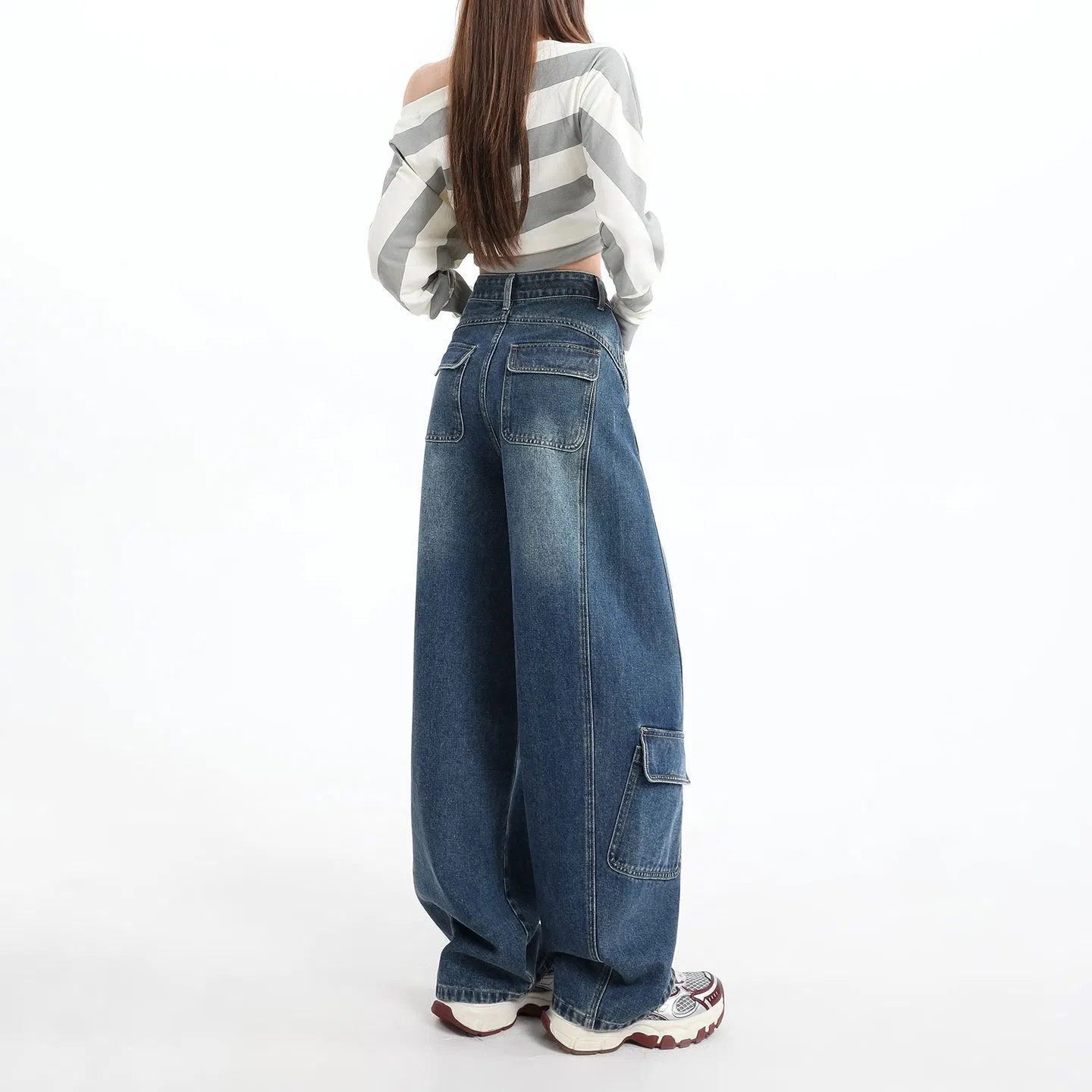Baixa MOQ Calças Cargo Baggy Femininas de Cintura Alta Jeans Vintage Lavados de Perna Larga Moda de Rua