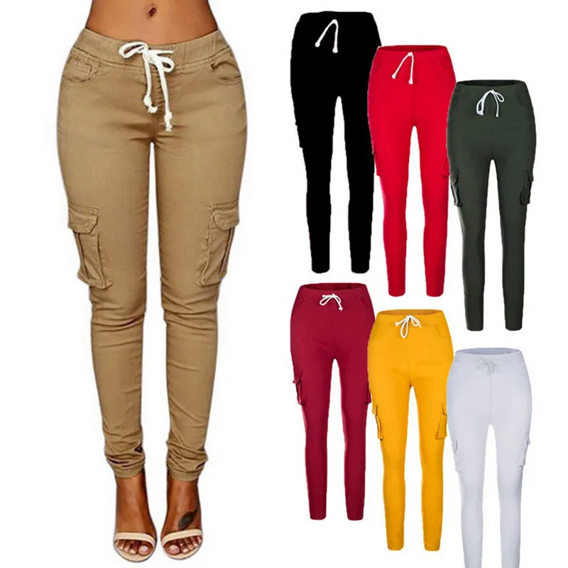 Calças Legging de Moda para Mulheres com Cordão Casual Cintura Alta Cargo Tamanho Plus Calças Longas