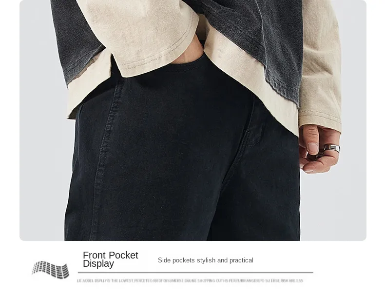 Calças Casuais Masculinas Jeans Pretos Stretch de Cintura Alta, Soltas e Afinadas