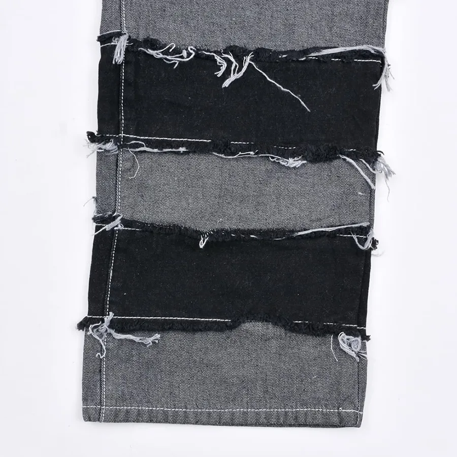 Calças jeans skinny de denim preto em patchwork listrado com acetato para homens
