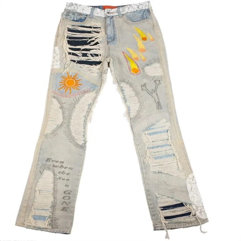 Calças Jeans Distressed High Street Hole Vintage Hip Hop Masculinas Estilo de Rua Bordado Perfurado Calças Largas de Perna Reta Lavagem Desbotada ao Sol