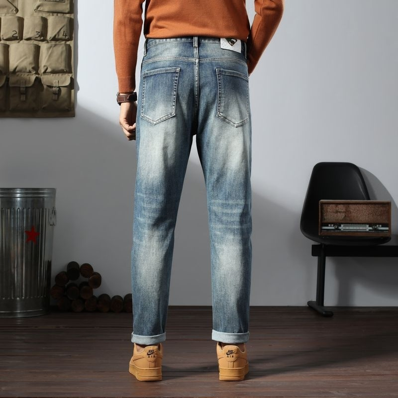 Calças jeans masculinas vintage de outono, estilo coreano, lavagem média, de cintura média, sólidas, respiráveis, leves e retas, personalizadas ODM