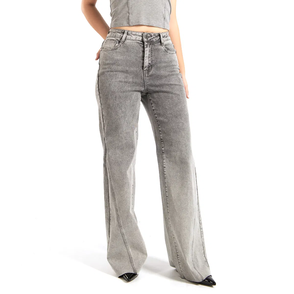 Calças de Jeans Cinza de Cintura Alta para Mulheres, Modelo Wide Leg, Ajuste de Mãe, Tecido Denim