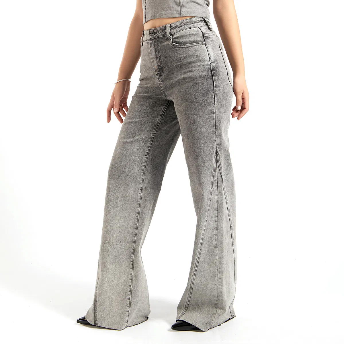 Calças de Jeans Cinza de Cintura Alta para Mulheres, Modelo Wide Leg, Ajuste de Mãe, Tecido Denim