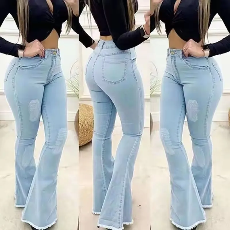 Calças Jeans Slim Fria Femininas Skinny de Cintura Alta Azul Denim Calças Lápis Elásticas para Mulheres