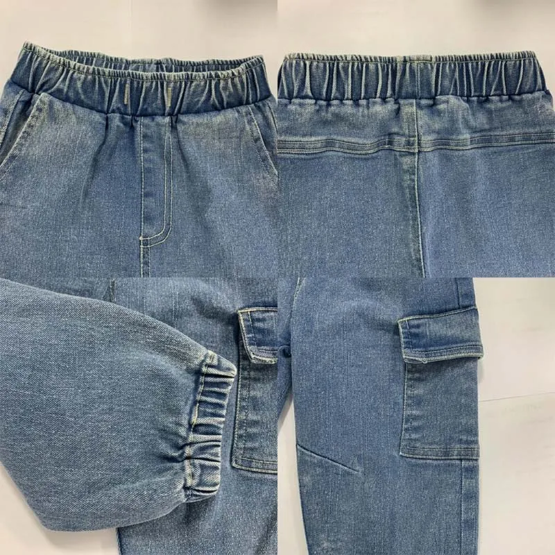 Calças Cargo para Crianças Jeans Largas com Cintura Elástica em Algodão Denim