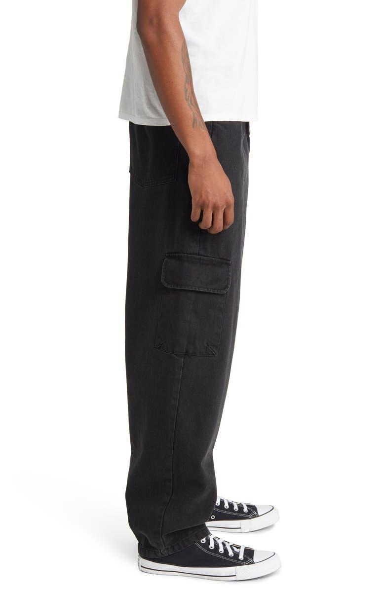Calças Cargo Retas Masculinas com Design de Múltiplos Bolsos e Impressão de Logo, Calças de Moda Largas para Rua em Jeans