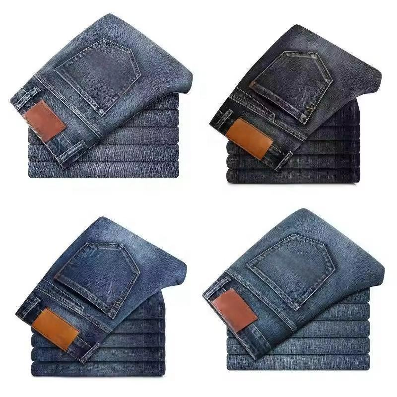 Calças Jeans Masculinas Slimming de Tecido Denim Stretch com Corte Reto e Estilo Casual de Negócios Desgastadas