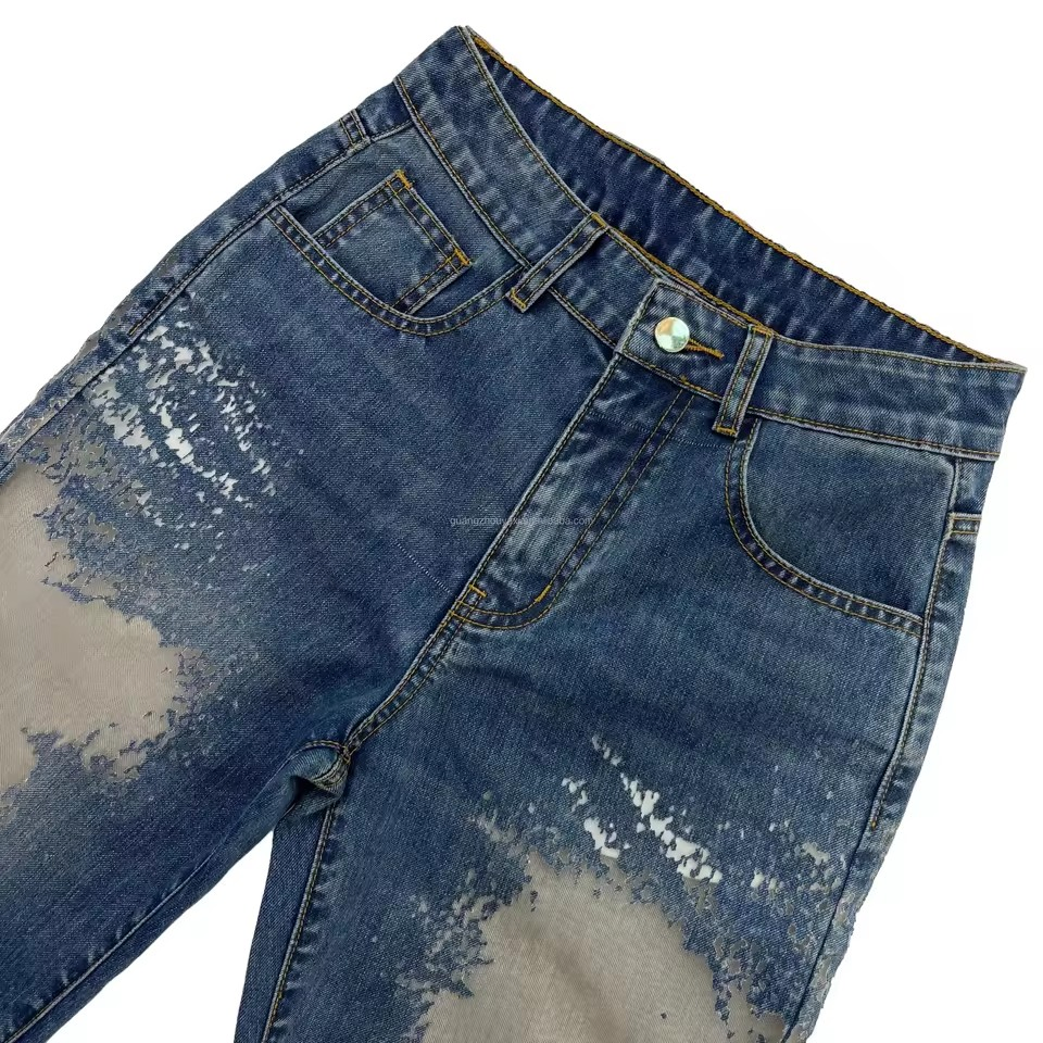 Novo Design de Jeans Femininos com Patches Woven - Estilo Jeans Esgotado e Usado