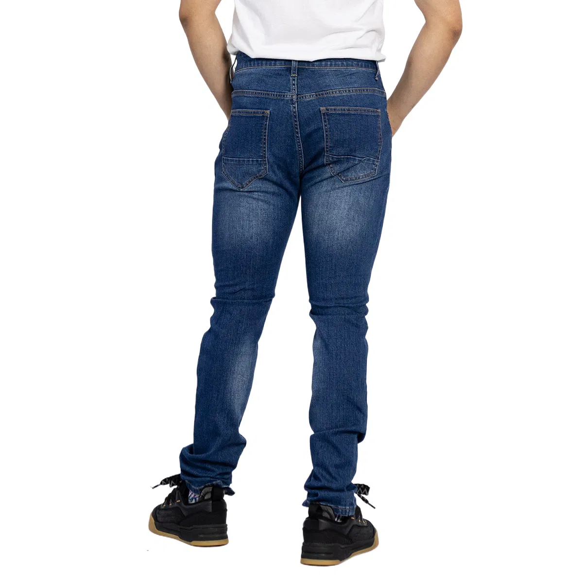 Jeans masculinos skinny de algodão macio personalizado, tecido de denim azul lavado e rasgado