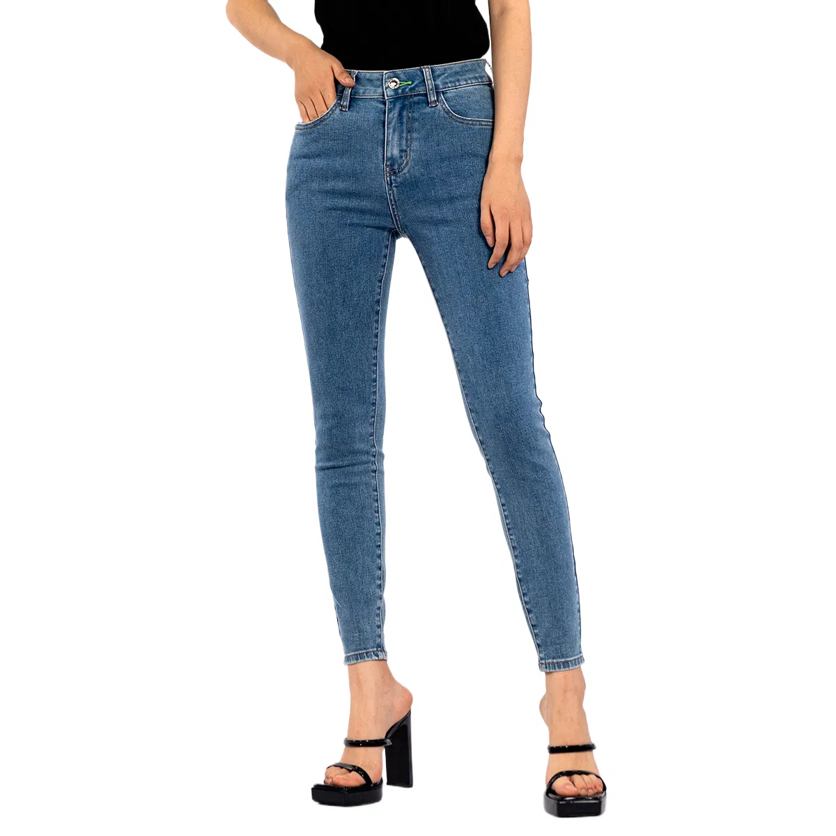 Jeans clássicos slim fit elásticos casuais azul escuro para mulheres na moda