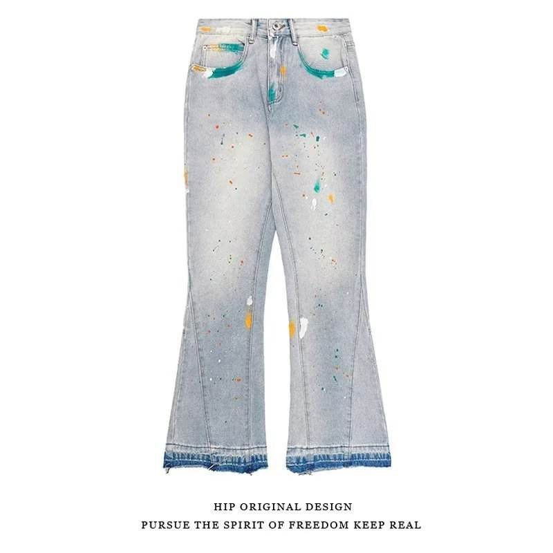 Calças de Tecido Splash-Ink de Hip Hop Retro Americana para Homens, Soltas, Retas e Micro Flare