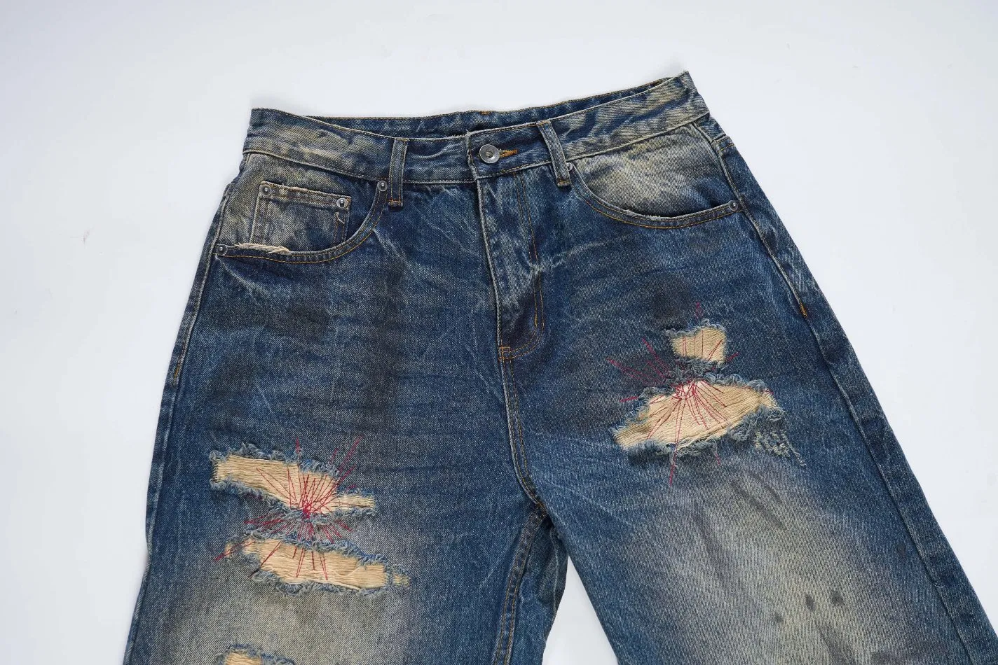 Fabricante de Jeans Masculinos Personalizados Atacado Ajuste Relaxado Lavagem Ácida Denim Selvedge Algodão Revestido Tingido de Garment Pronto para o Mercado Skater Estoque OEM ODM Logotipo Personalizado