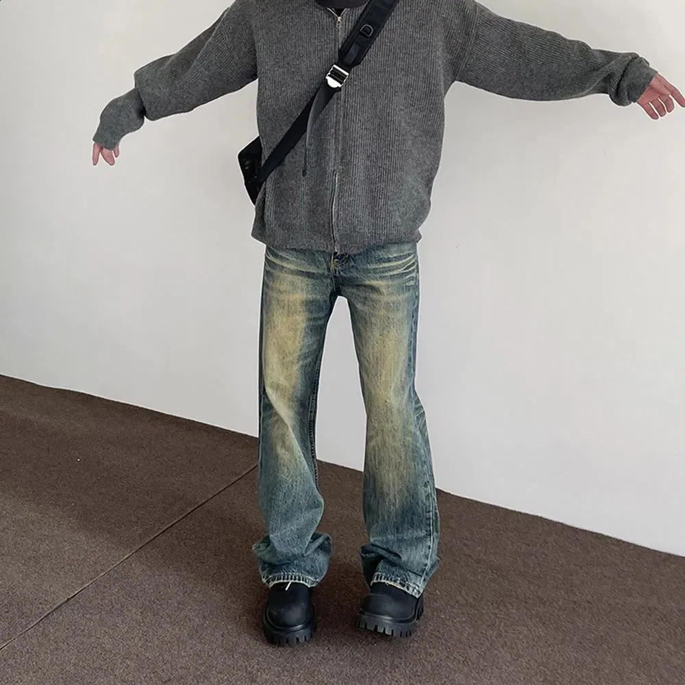 Y2K Calças Jeans Baggy Vintage Azul Desgastadas para Homens - Calças Casuais de Perna Reta para Outono Inverno - Calças de Denim Largadas 240911