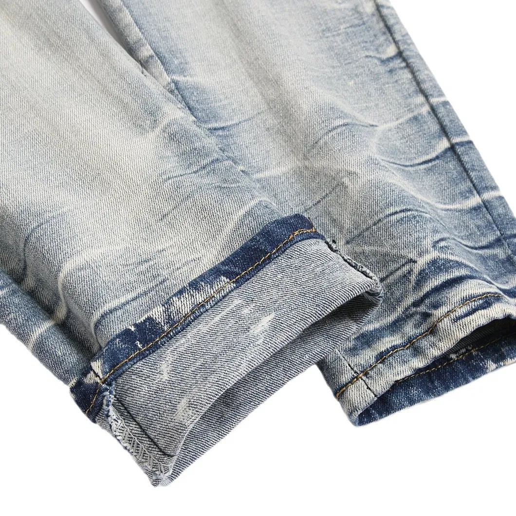 Fábrica Atacado Personalizado Logotipo de Marca Alta Qualidade Am Rasgado Azul Estrela Patches Ajuste Slim Jeans Skinny Masculinos Tendência