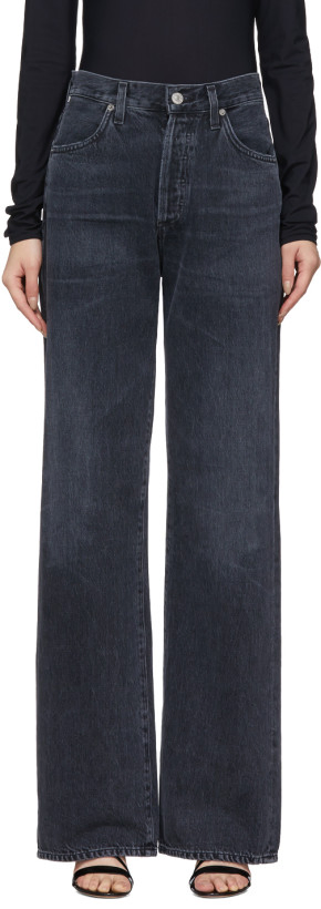 Calças de Jeans de Cintura Alta Relaxadas e Largas para Mulheres com Preto