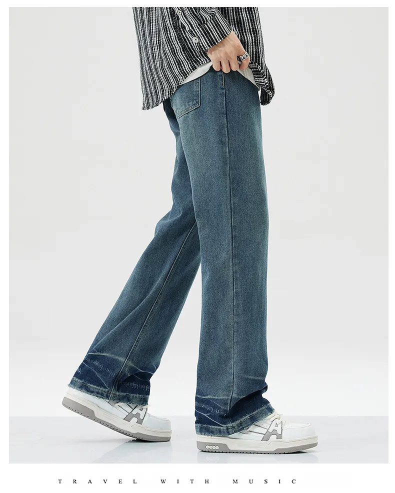 Calças largas de cintura alta estilo americano, jeans retro levemente flare para homens, calças de denim em branco para casais