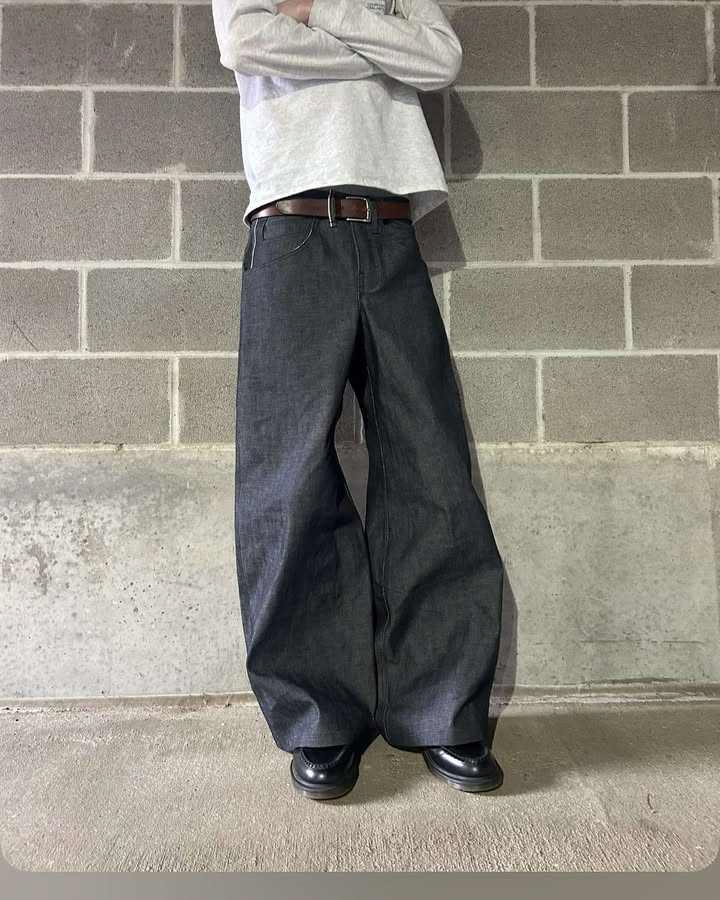 Calças jeans baggy masculinas vintage indigo azul escuro com pernas largas e costura contrastante reta, padrão sólido para o outono