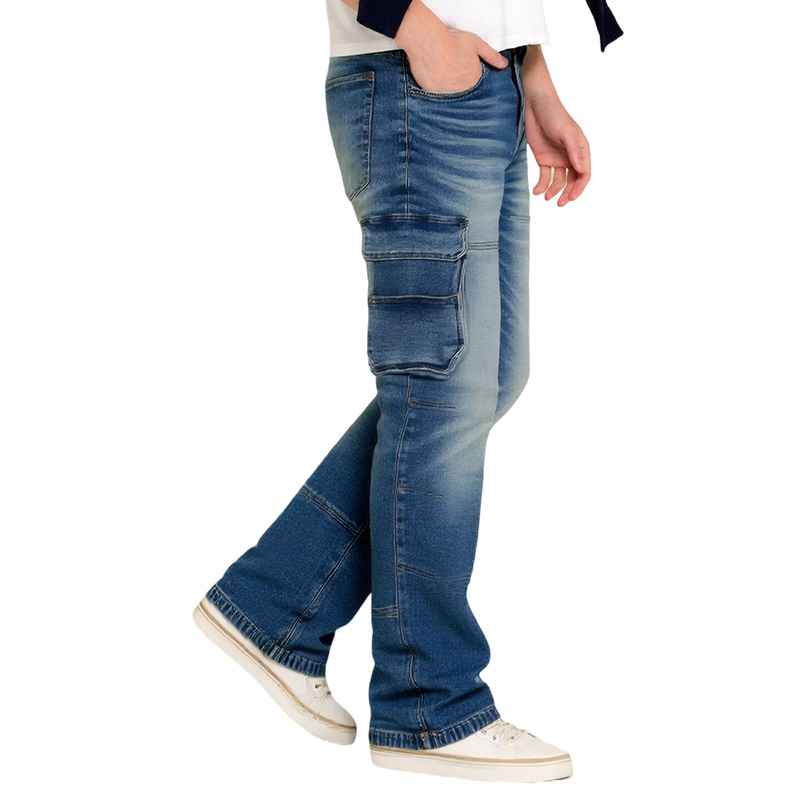 Fabricante Chinês Personalizado Calças Jeans Cargo Masculinas Azuis Largas com Grandes Bolsos Laterais Calças Longas