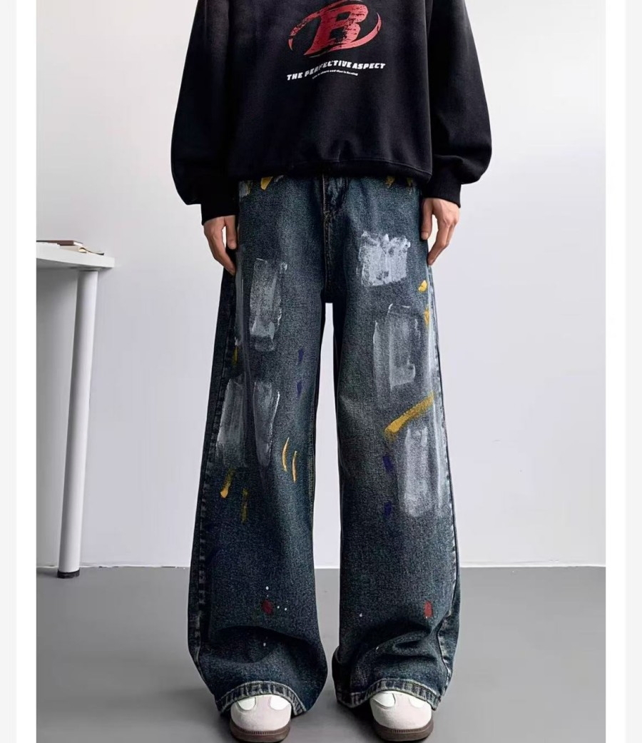 Calças Jeans de Moda por Atacado, Jeans Reto Desenhados à Mão para Homens, Calças Jeans Baggy Azuis de Cintura Média