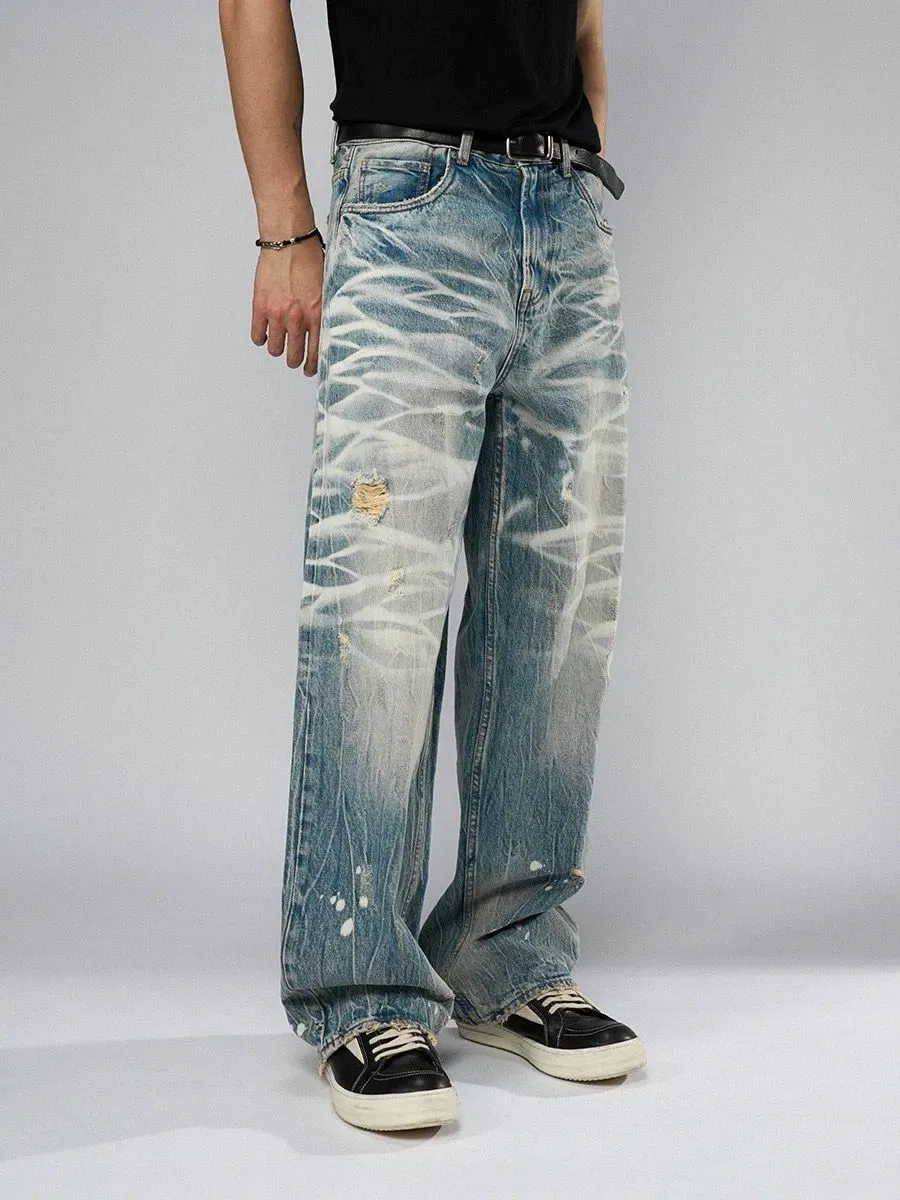 Calças Jeans Masculinas Tendência Rua Desgastadas Gradiente Largas Retas