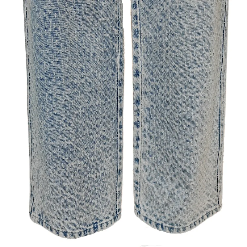 Calças Jeans Femininas de Cintura Alta Lavadas Azuis Casuais Moda Perna Larga Ajuste Solto Botão Bolsos Buraco Sexy Sólido Venda Quente
