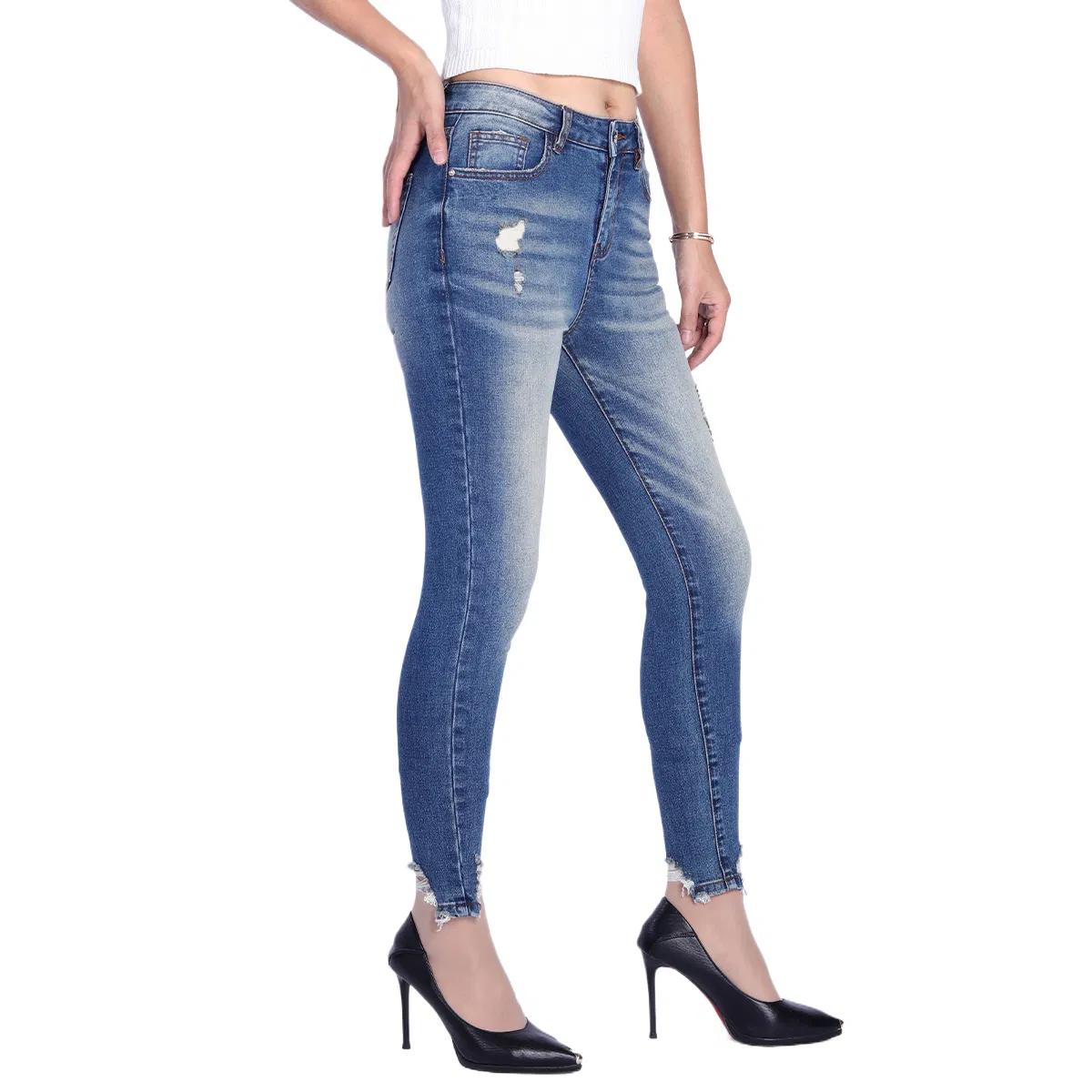 Calças skinny femininas de cintura alta rasgadas e desgastadas com barra crua vintage personalizadas