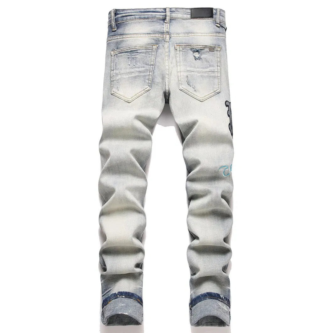 Fábrica Atacado Personalizado Logotipo de Marca Alta Qualidade Am Rasgado Azul Estrela Patches Ajuste Slim Jeans Skinny Masculinos Tendência
