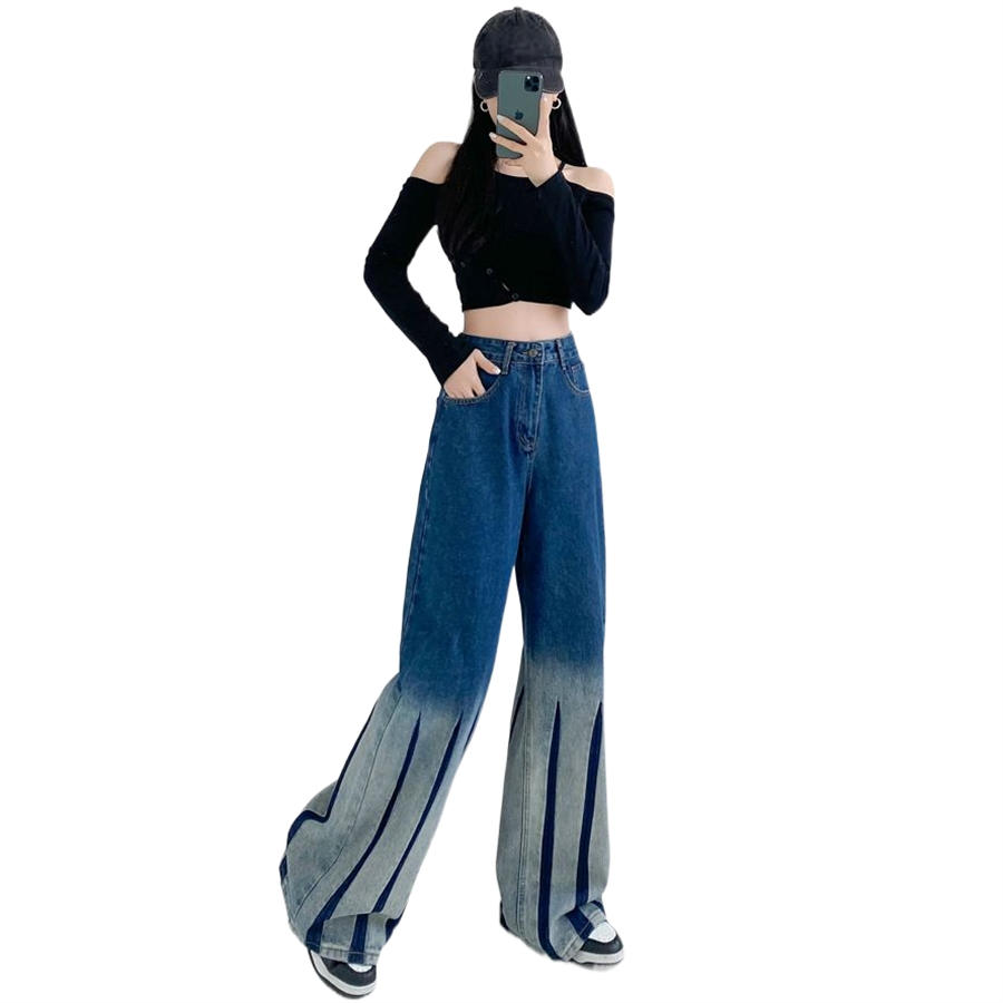Calças de Denim Femininas de Largura Larga com Estampa Batik em Gradiente de Cores da Primavera e Outono, Design Relaxado com Corte Reto e Comprimento até o Chão