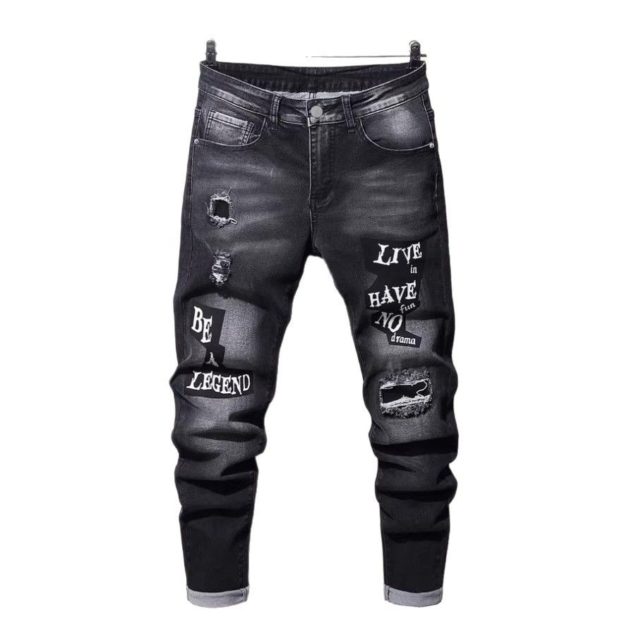 Jeans Casuais Masculinos Estilo Desgastado com Letra Única