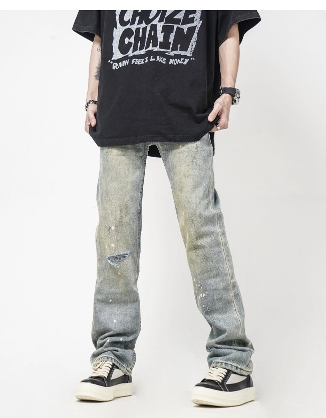 Calças Micro Flare Nova Moda Lavagem Vintage Tinta Splash para Homens Jeans Denim