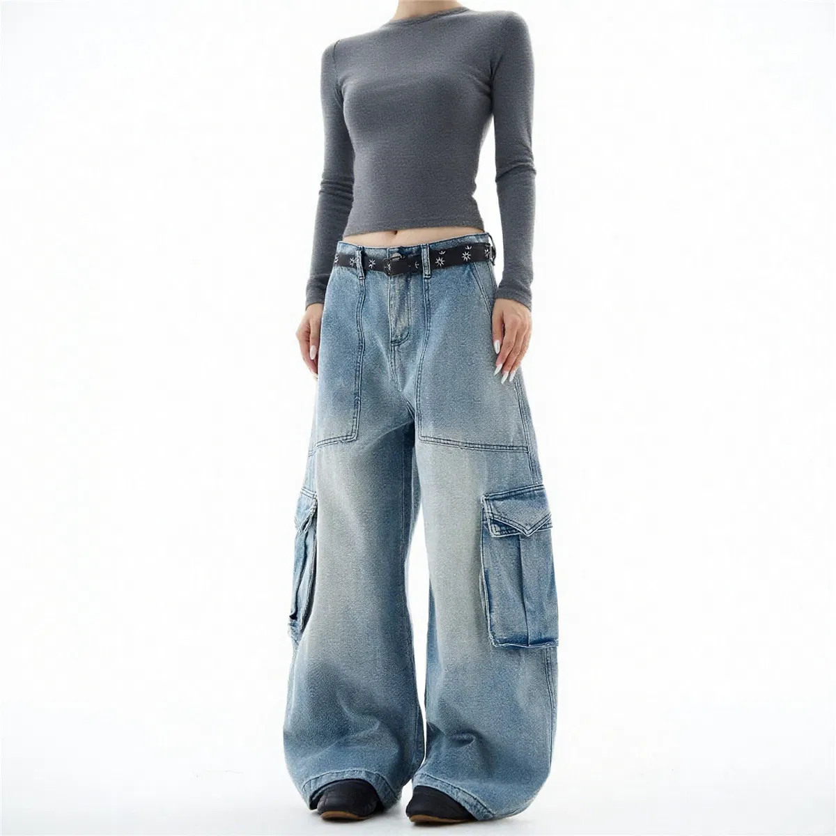 Calças Jeans Femininas Mom Fit Denim Lavagem Cinza Denim Sustentável Barra Crua para Importadores de Vestuário Marca Privada Calças Jeans