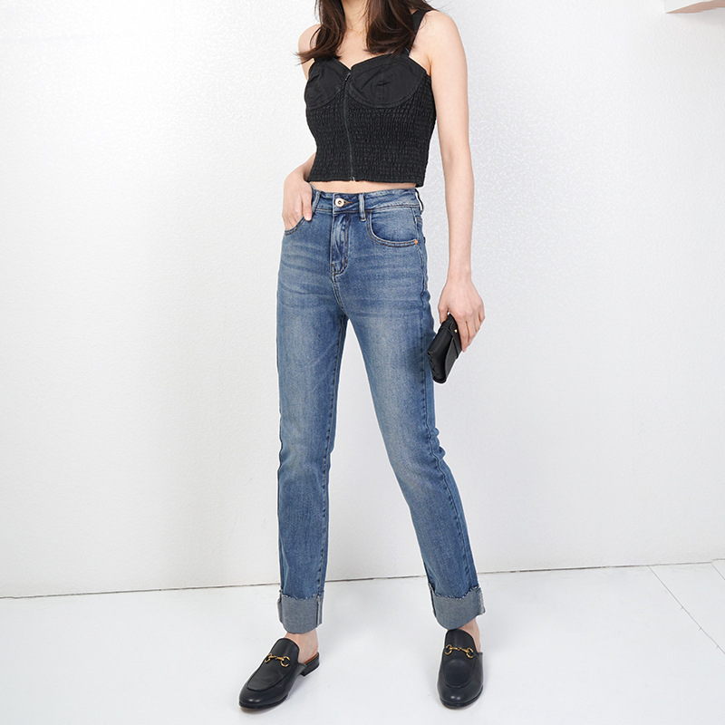 Calças Jeans Femininas Novas de Lã Velha de Cintura Alta Média Azuis Fashion Retas Lavadas